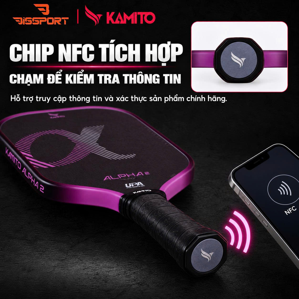 Vợt Pickleball Kamito Alpha 2 Hồng Chính Hãng - Nhẹ Tay - Kiểm Soát Đường Bóng - Mặt Carbon Fiber Nhám